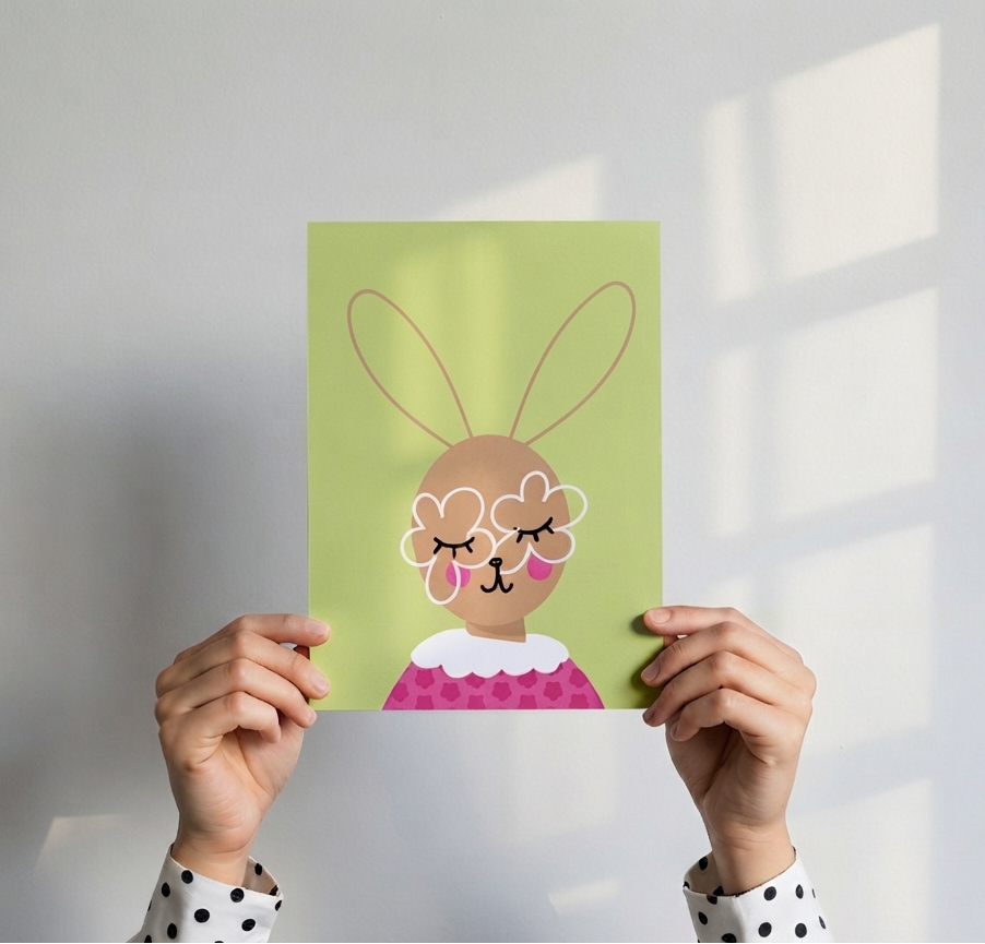 A person holds up a square art print featuring a cute cartoon bunny with flower glasses and a pink polka-dot top on a light green background. The print is held in front of a white wall with soft window shadow light falling across it.